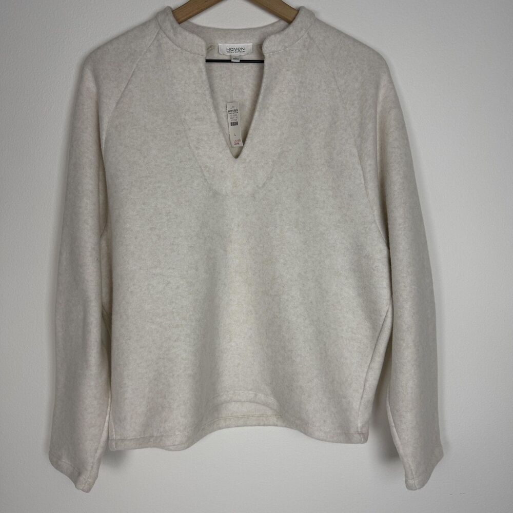 Haven Well Within Shirt Womens Large Beige Fleece V-Neck Raglan Long Sleeve